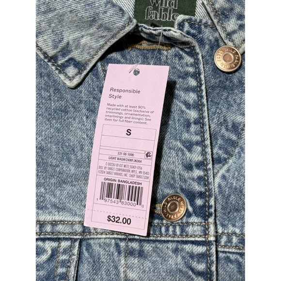 Wild Fable Cropped Denim Jacket Raw Hem Long Sleeve Light Wash Size S - Picture 2 of 5